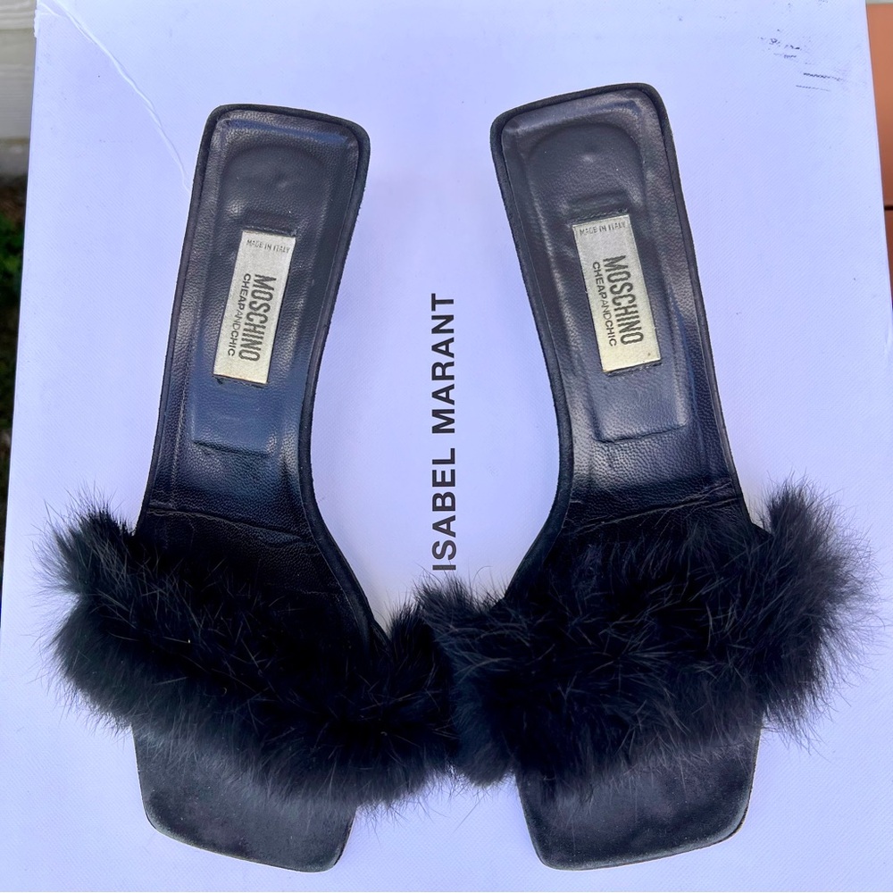 Moschino Black Fur Heeled Sandals